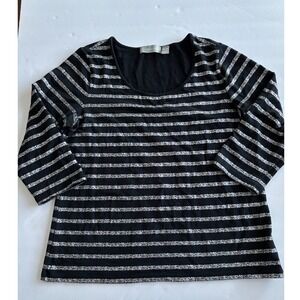 Liz Claiborne Striped Top Sparkle Accents 3/4 Sleeve‎ Crew Neck Black XL